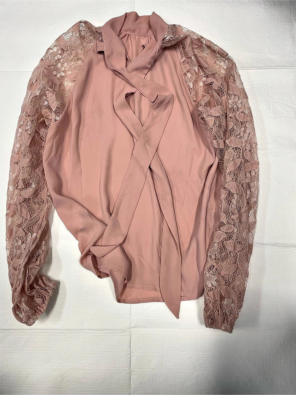 SHEIN Tie Neck Lace Panel Blouse Pink Size Small
